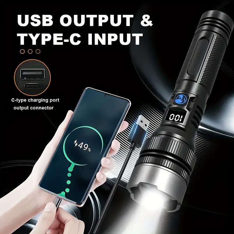 Rechargeable Super Bright LED Flashlight with Digital Display Adjustable Zoom Type-C Charging IP65 Durable Camping Emergency Light for Outdoor Activities