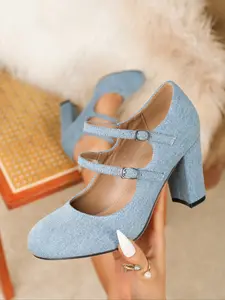 Women's Comfort Mary Jane High Heels – Denim, Round Toe, Chunky Heel with Double Buckle Strap Design, Slip-On Pumps. Long-Wearing Comfort – Versatile for Office / Daily / Events.