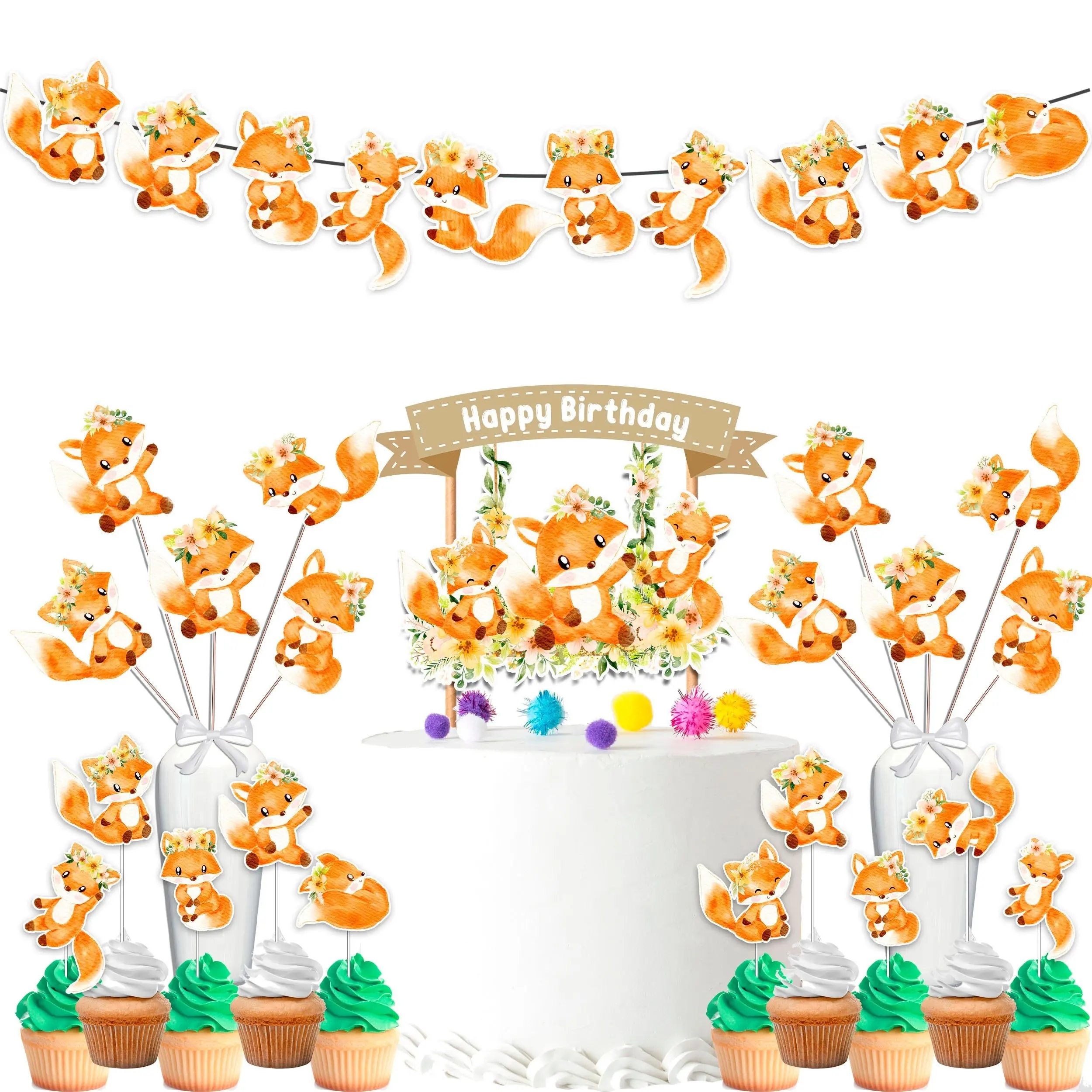 Charming Fox Woodland Birthday Party Decor Set - Lively Cake Topper, Cupcake Toppers, Centerpieces & Banner - Foxy Fun for Nature-Themed Celebrations