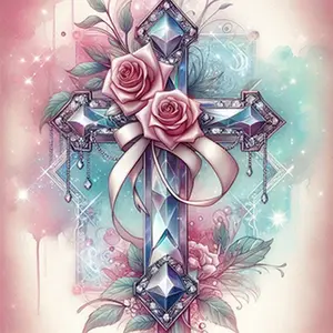 5D Full Drill Crystal Cross with Pink Roses Diamond Painting Kit - Elegant Faith & Devotion Art | DIY Gift for Easter, Christmas, Memorial & Home Decor | Perfect Wall Art for Prayer Rooms, Bedrooms & Living Rooms