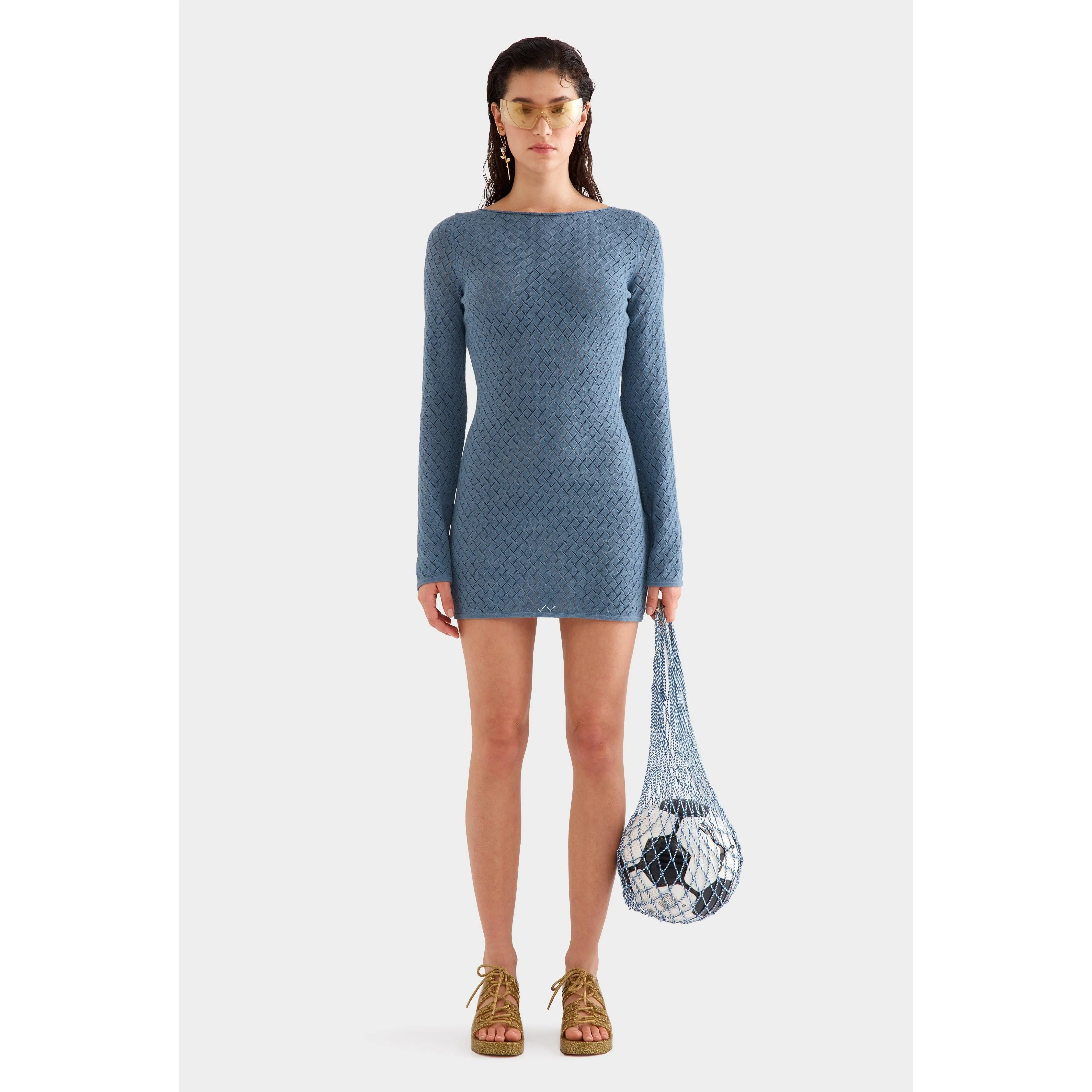 Cotton Boat Neck Mini Dress - Stormy Blue