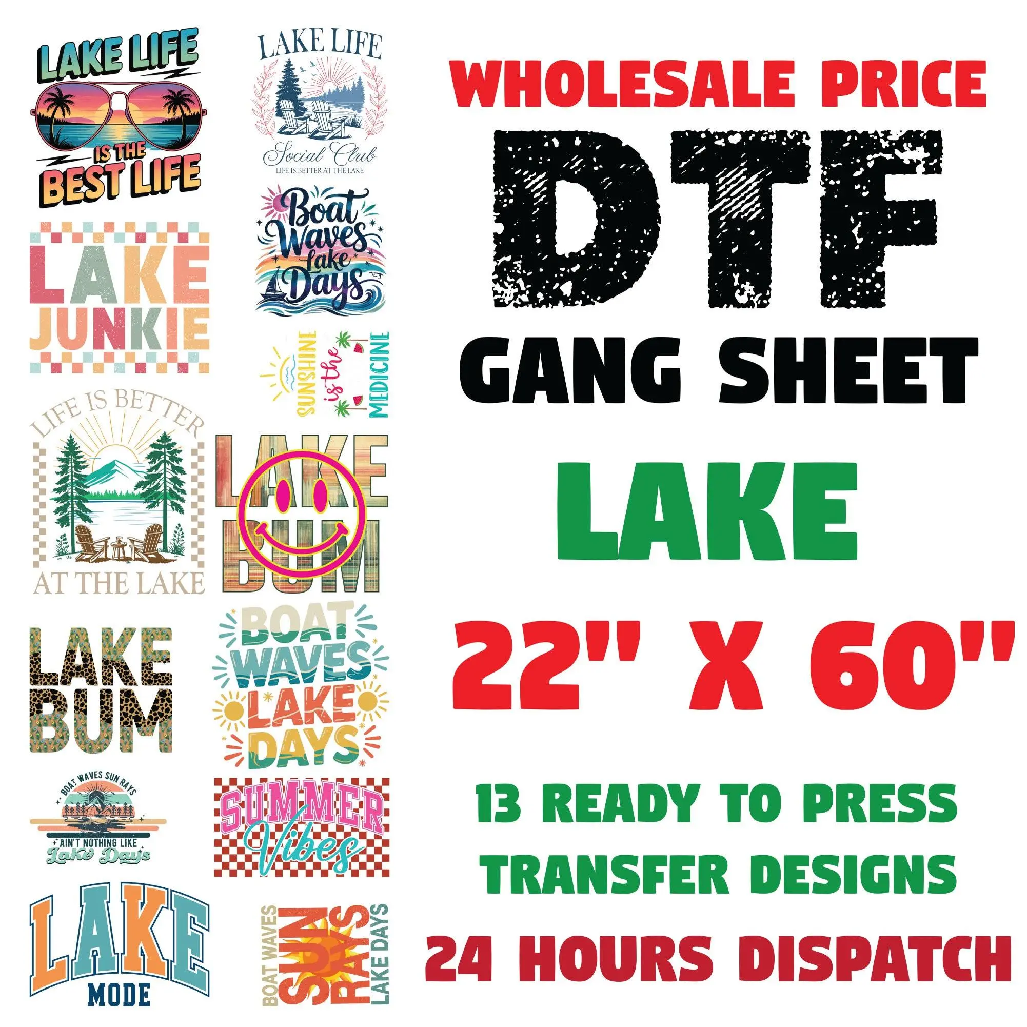 Lake Life DTF Transfer Premade Gangsheet 22x60 – Ready to Press Summer Vibes Heat Transfer for Shirts, Boating, Fishing, and Relaxation Theme Gang Sheet for T-Shirts and Lake Apparel