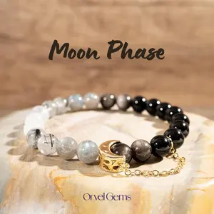 MOON PHASE Bracelet – Natural Gemstones Moonstone, Labradorite, Black Tourmaline, Silver Sheen Obsidian, Tourmalinated Quartz – Crescent Moon Celestial Jewelry for Protection & Full Moon Vibes