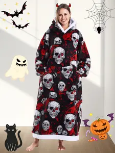Women's Skull Print Bathrobe, Thick Casual Loungewear with Pockets, Halloween Theme, Fall & Winter, Loose-Fit TV Blanket