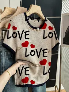 Heart and Letter Print Round Neck Sweater, Casual Short Sleeve Knitwear for Spring, Summer and Fall, Comfortable Warm Women's Clothing