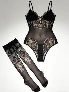 Black Lace Fishnet Bodystocking Party Festival Outfit Accessory Breathable Stretchy Garter Belt Design One Size Fits Most - Womenswear