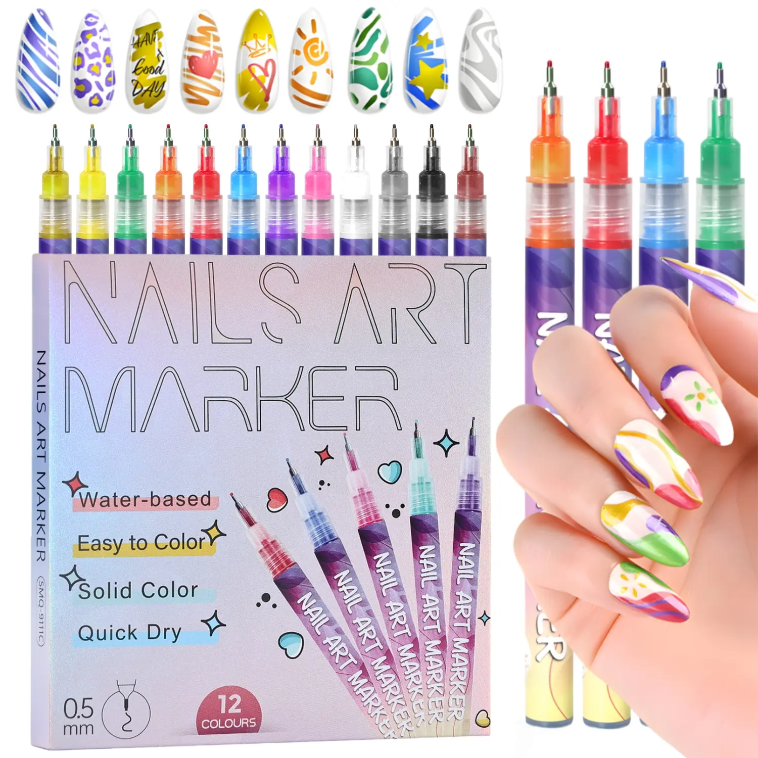 12 Color 3D Nail Art Pens Set, 0.5MM Nail Pens Nail Point Graffiti Dotting Pen Drawing Painting Liner Brush for DIY Nail Art Beauty Adorn Manicure Tools