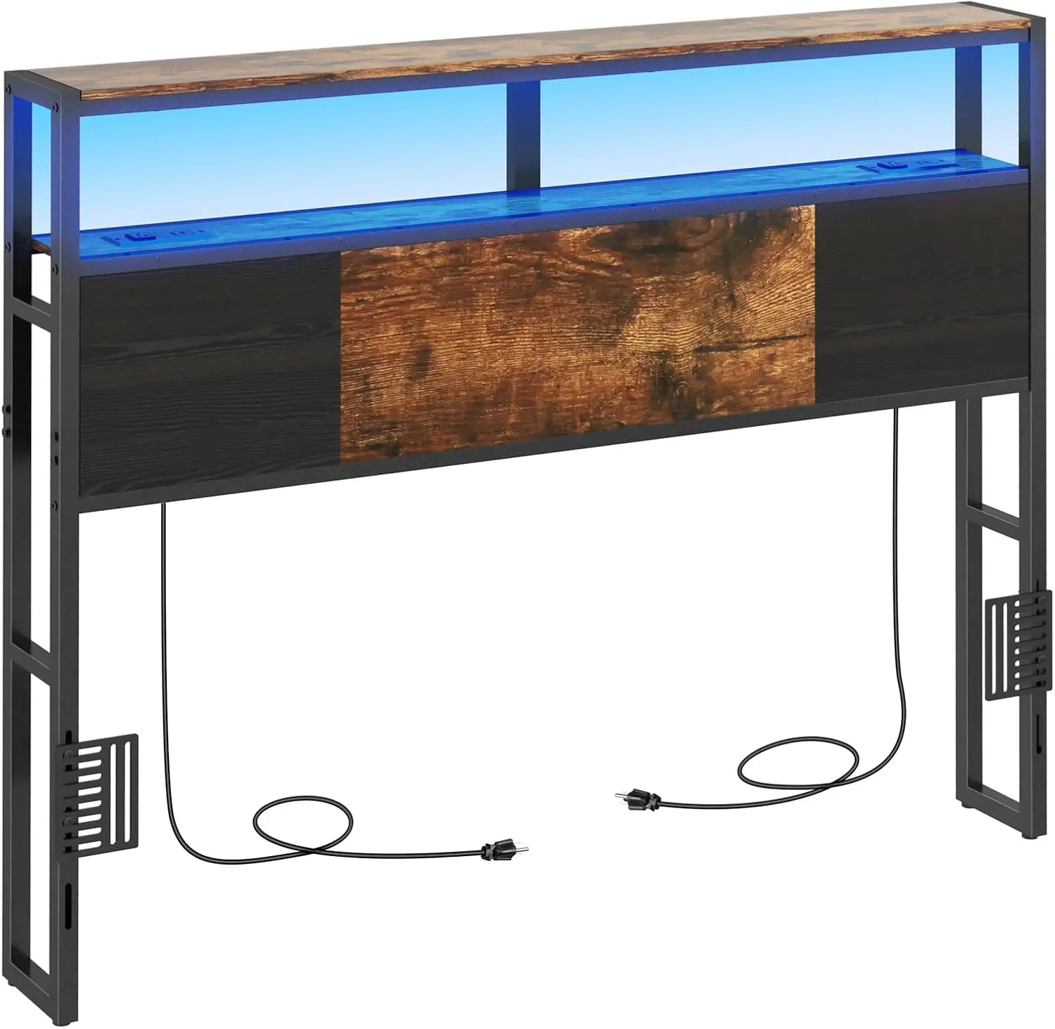 Full Size Headboard, Headboards with  Station, USB Port and LED Light,  Board with 2-Tier Storage Shelf, Adjustable Height, Easy Assembly, Sturdy and , Rustic Brown
