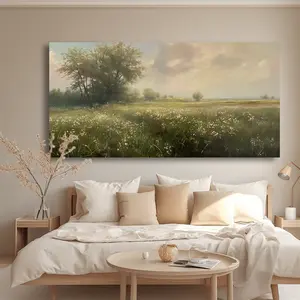 Abstract wildflower prairie canvas wall art, multi-room decor for living room, bedroom, home office, vintage and modern style |   Serene landscape print on high-quality canvas, perfect for indoor use, ready-to-hang framed canvas wall art