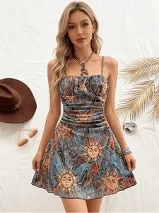 Women's Boho Style Sleeveless Ethnic Pattern Nightgown Robe, Slim-Fitting Short Dress for All Seasons, Beach Vacation Wear