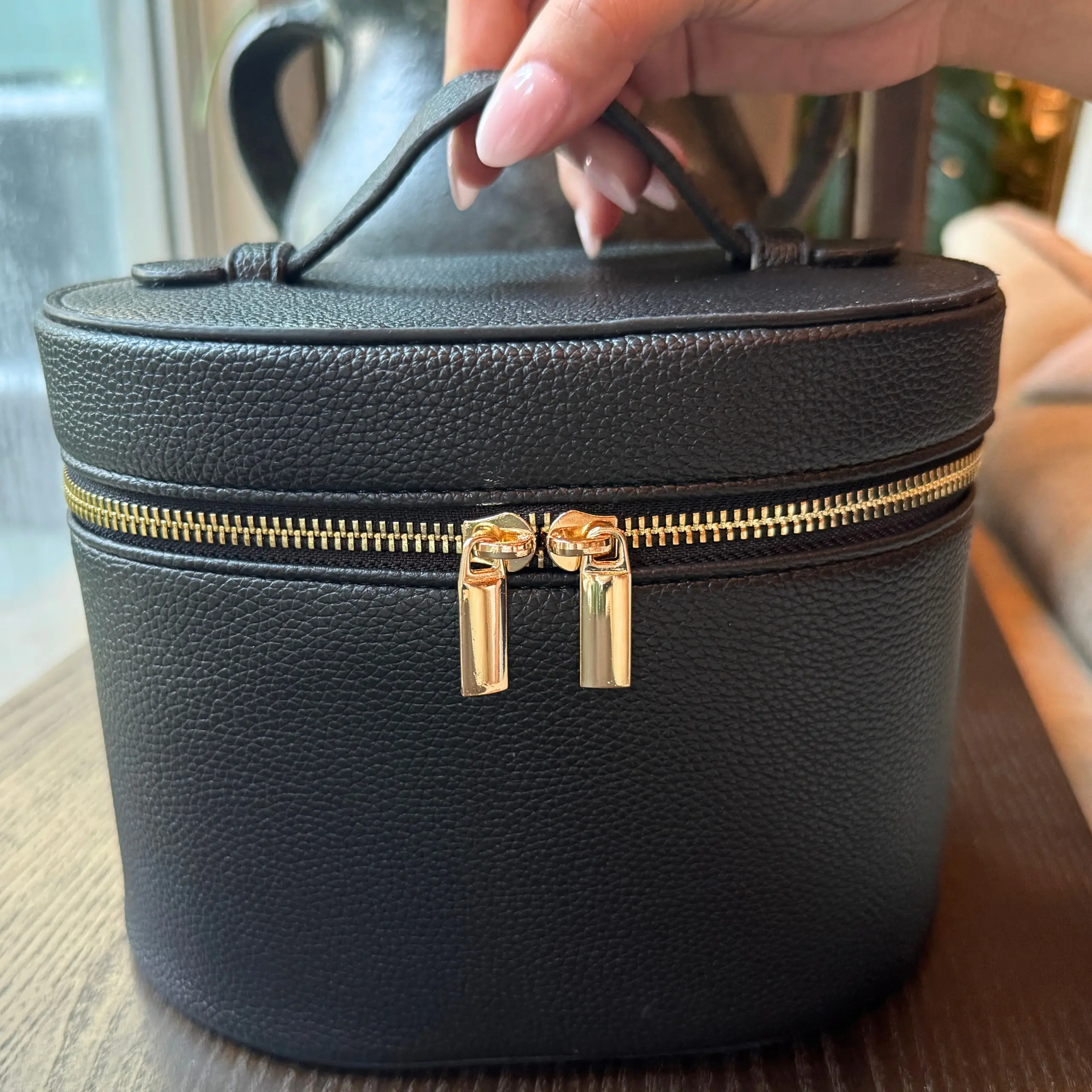 The Vanity Case - Chic Brown PU Leather Cosmetic Bag with Gold