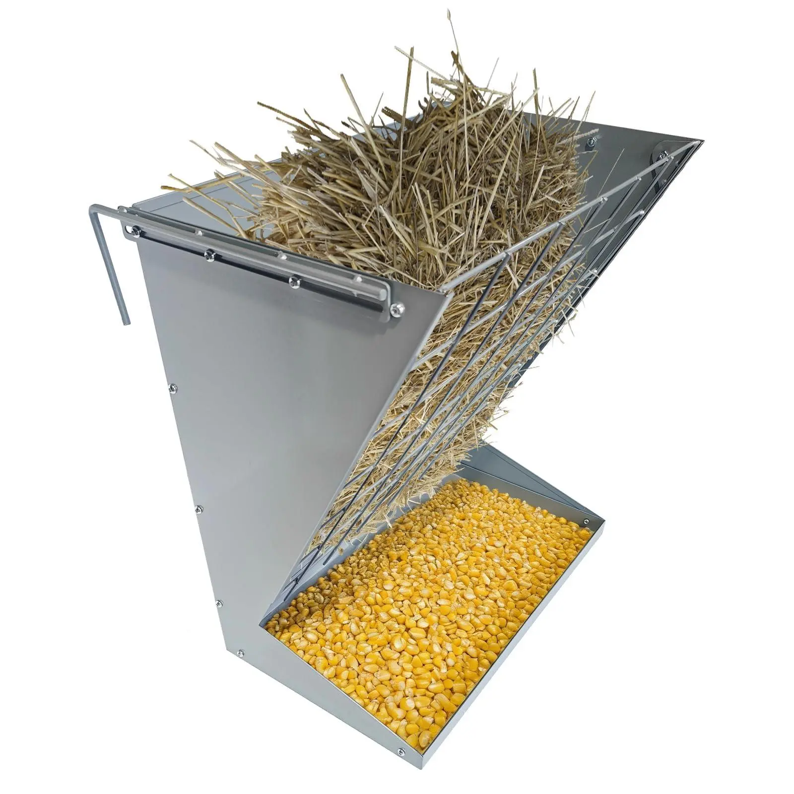 GARVEE 2 in 1 Wall Mount Hay Feeder for Goats, Heavy Duty Galvanized Steel Hay Rack with 18.5 Gallon Capacity & Grain Tray, Heavy-Duty Galvanized Steel Goat Feeders for Sheep, Horses, Cattle – Indoor/Outdoor