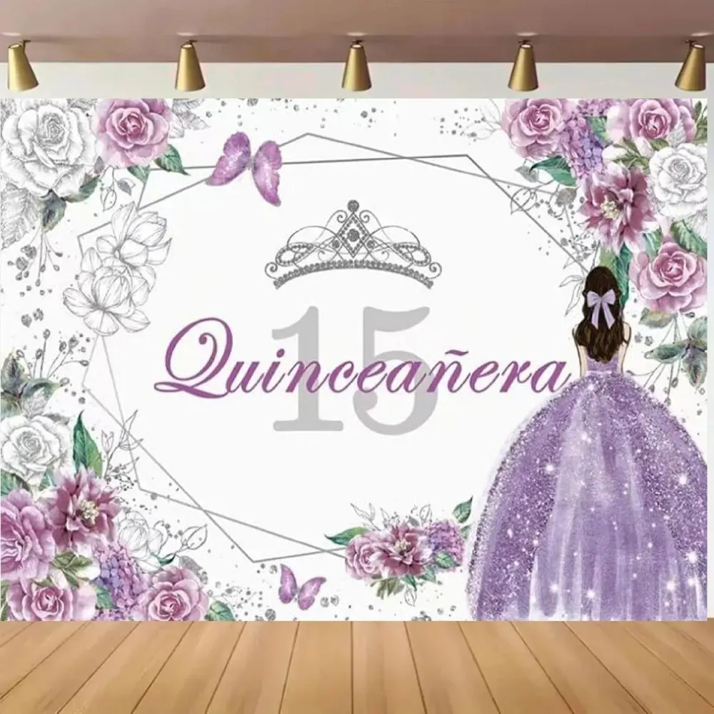 1pc Princess Theme Polyester 15th Bday Magic Backdrop Banner - 2D Flat Silver Festive Backdrops & Banners with Silvery Crown, Purple Flowers, Butterfly Detail, for Happy Birthday Photo Booth, Portrait Photography