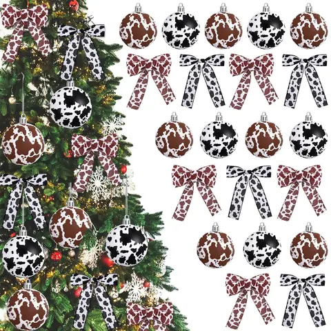 Western Cowboy Christmas Ornaments Set Plastic/Plush Cow Print Christmas Balls with Bow, Christmas Decor Cowboy Hat Western Decor Wooden Hanging Decorations for Xmas Tree Farmhouse Country Holiday Party Home Decor Christmas Gifts