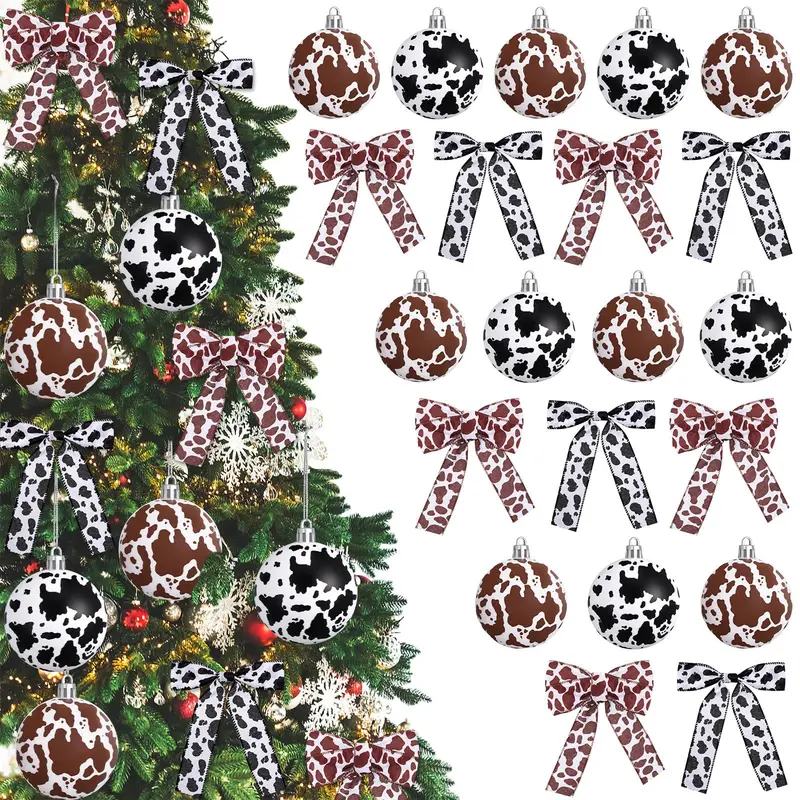 Western Cowboy Christmas Ornaments Set Plastic/Plush Cow Print Christmas Balls with Bow, Christmas Decor Cowboy Hat Western Decor Wooden Hanging Decorations for Xmas Tree Farmhouse Country Holiday Party Home Decor Christmas Gifts