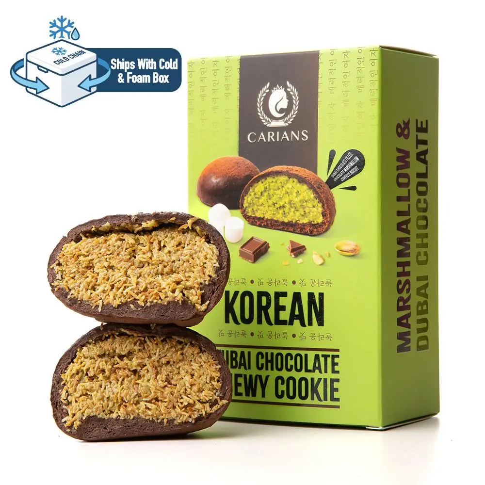 CARIAN'S Korean Dubai Chocolate Chewy Cookie - Chew the Art of Fusion, Premium Pistachio Cream and Soft Marshmallow Center, Gourmet Milk Chocolate Covered Treats, Eastern Flavors Premium Gift 2.54oz
