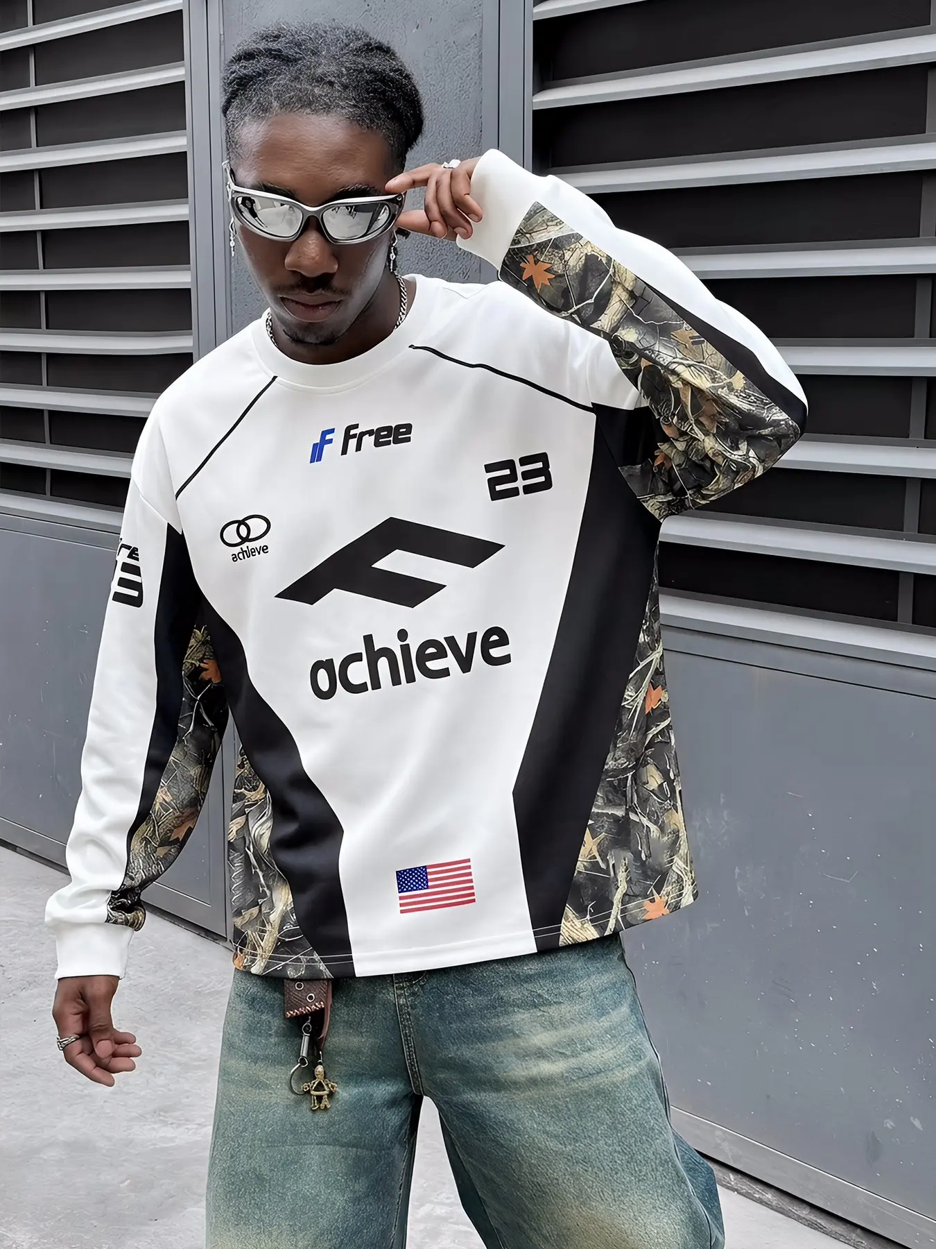 Mens USA Flag Camo Sleeve Oversized Long Sleeve Tee, Free Achieve 