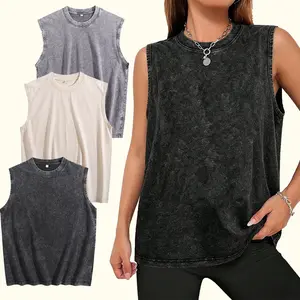 Retro washed sleeveless T-shirt three piece set - neutral loose blank muscle shirt set (gray, black, apricot, coffee brown), suitable for street wear