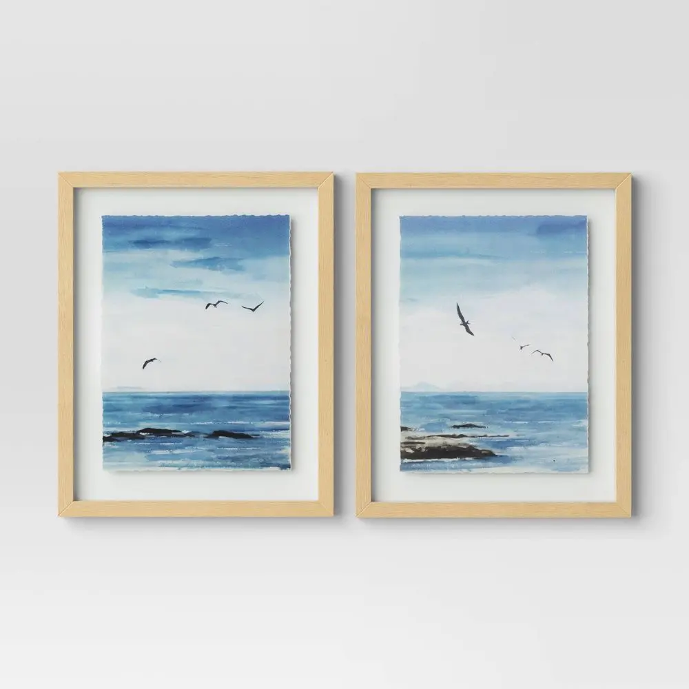 (Set of 2) 16" x 20" Seascape Framed Art Set Natural - Threshold: Vertical Wall Art Blockprint Style