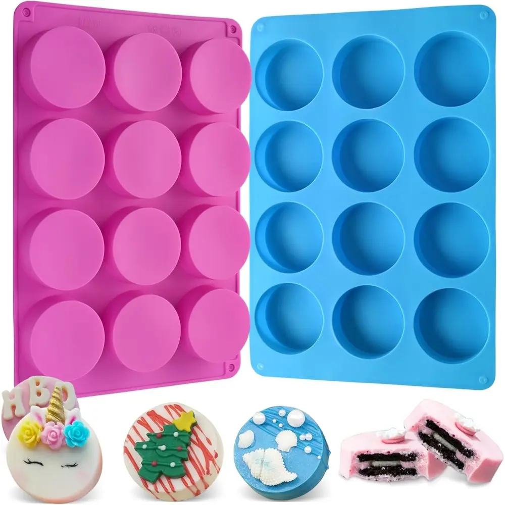 Thick 2-PCS Flexible Silicone Baking Molds - Round Cylinder Tins for Chocolate Covered Oreos, Cake, Mini Soap