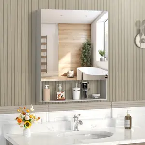 24'' x 30'' Medicine Cabinet with Mirror for Bathroom, Wall Mounted Bathroom Mirror with Storage, Adjustable Shelves, Aluminum Framework, Surface Mount Silver