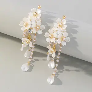 Women's Luxury Floral Pearl Drop Earrings Dainty Cherry Blossom Tassel Earrings for Wedding Romantic and Dreamy