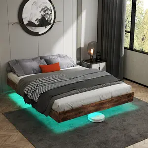 Queen Size Floating Bed Frame with LED Lights, Heavy Duty Metal Platform - Brown On-Site
