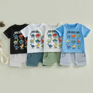 Toddler Boy Summer Outfit Dinosaur Print Short Sleeve Crew Neck T Shirt Solid Shorts 2 Piece Set