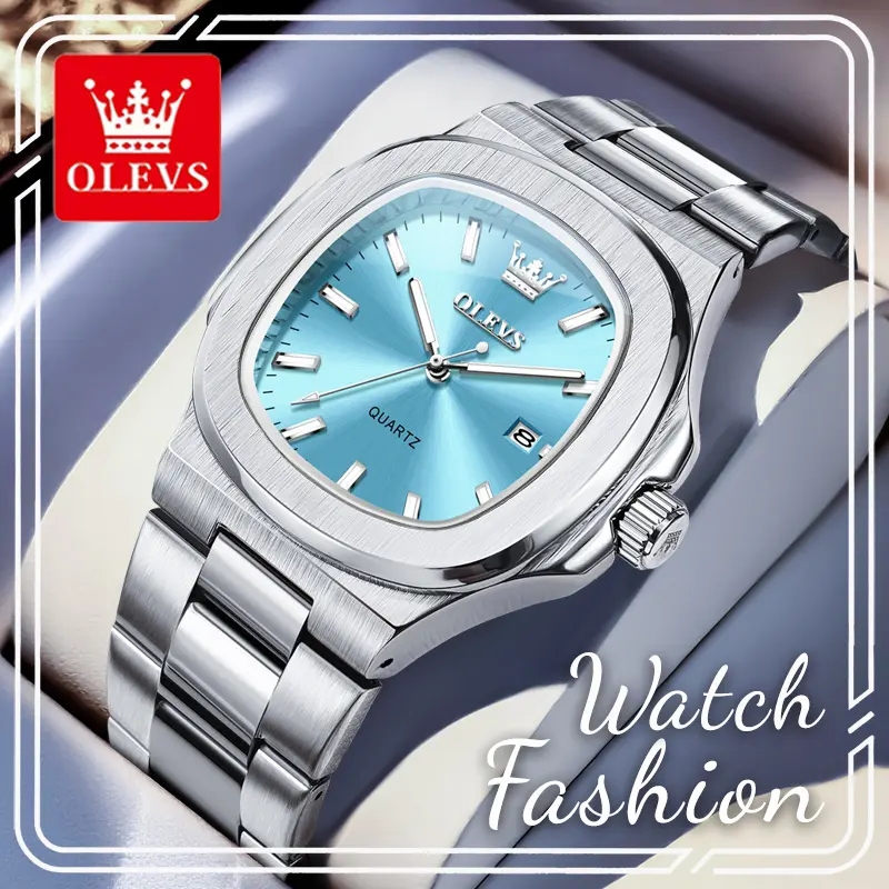 OLEVS 3696 Men's Classic Square Face Stainless Steel Watch - 44mm Sunburst Dial, Stainless Steel Bracelet with Buckle, Luminous Hands, Date Window, 3ATM Modern Waterproof Business Fashion Watch, Ideal Gift for Men, Modern Waterproof Watch