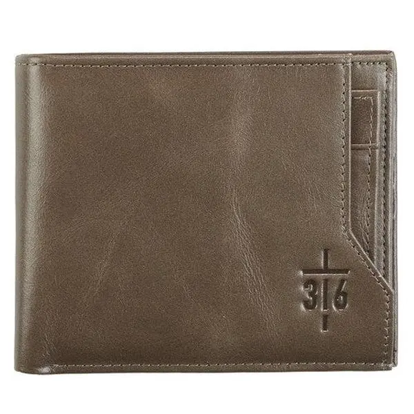 Men's Taupe Full Grain Leather Bi-fold Wallet, RFID Blocking, John 3:16 Embossed Cross Religious Motif, Multiple Slots, Classic Casual Wear