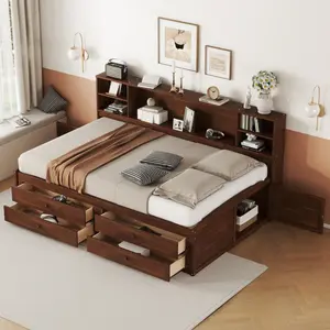 Full Size Bed with Storage Drawers and Side Bookcase, Solid Wood Full Size Daybed Sofa Bed for Bedroom Living Room (Antique Brown)