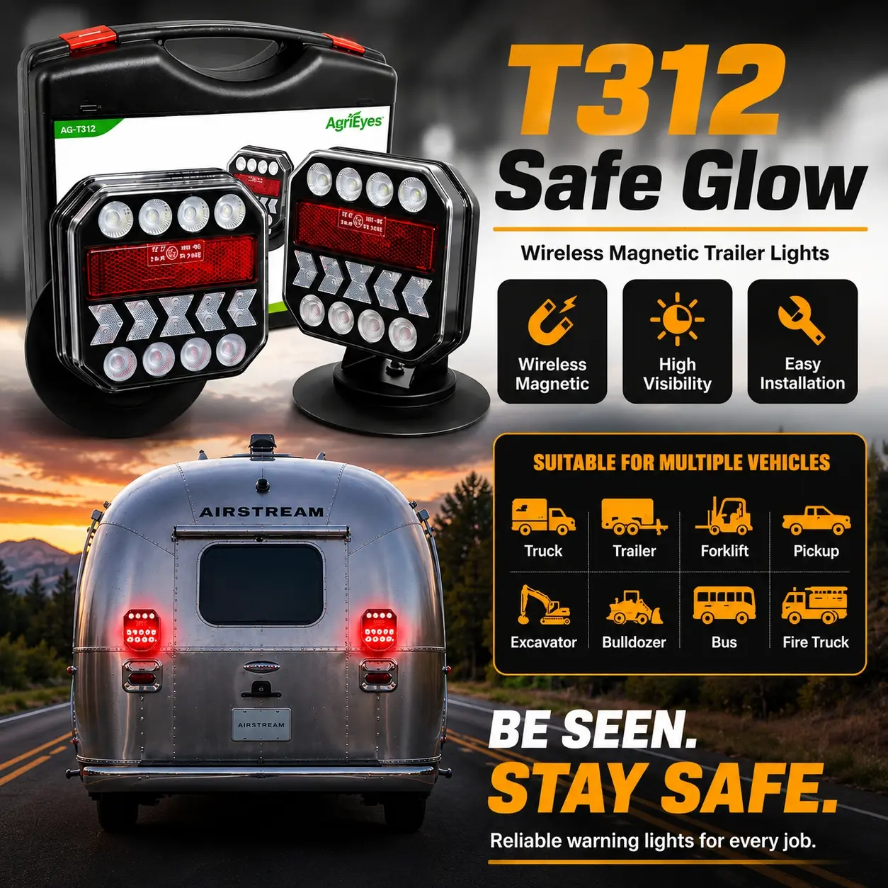 AgriEyes T312 Halo Wireless LED Tail Light Trailer Kit - Magnetic Rechargeable Tow Lights, 2.4GHz Stable Signal, Ultra-Bright LEDs, USB-C Fast Charge, Up to 9H Runtime, IP67 Waterproof, Portable for Trucks & RVs, 1-Year Warranty