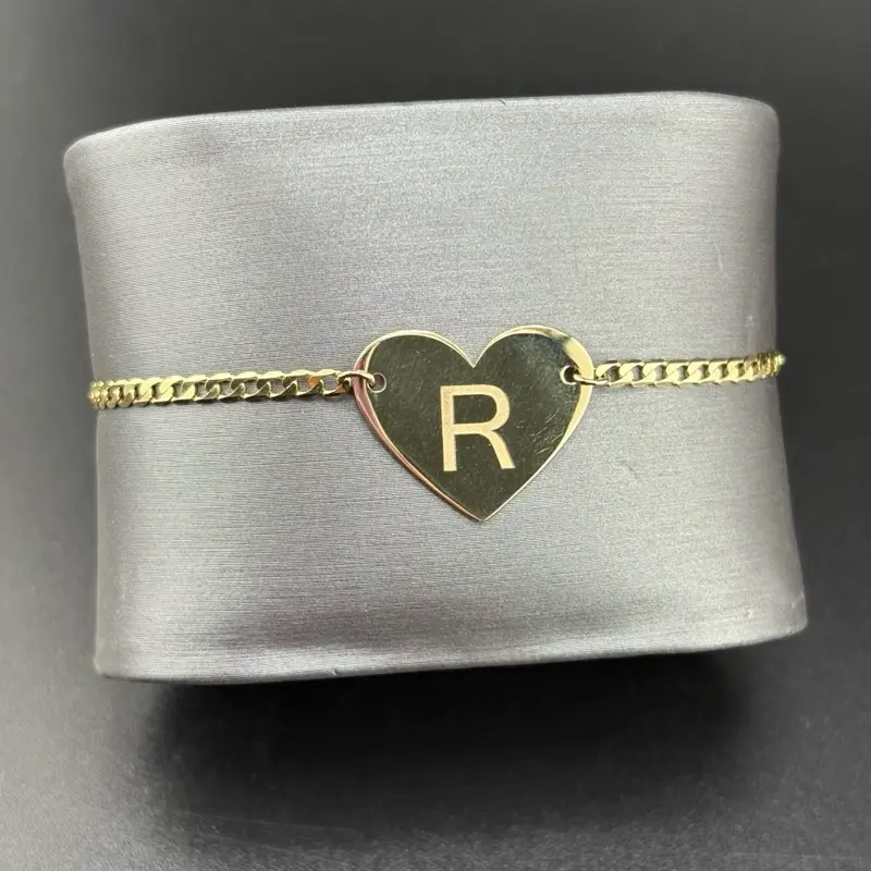 Kenia Collection 14k Gold Heart Design Bracelet - 6" Size, Customizable Letter Fine Carat Gold Bracelet
