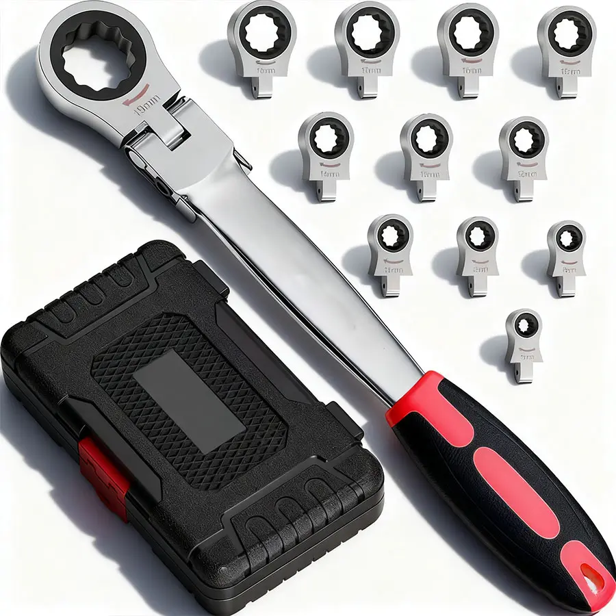 Flex Head Ratcheting Wrench Set, 8-19mm Ratchet Wrench Set with Interchangeable Heads for Mechanic Repair,Father's Day Gift for Dad#summerfinds