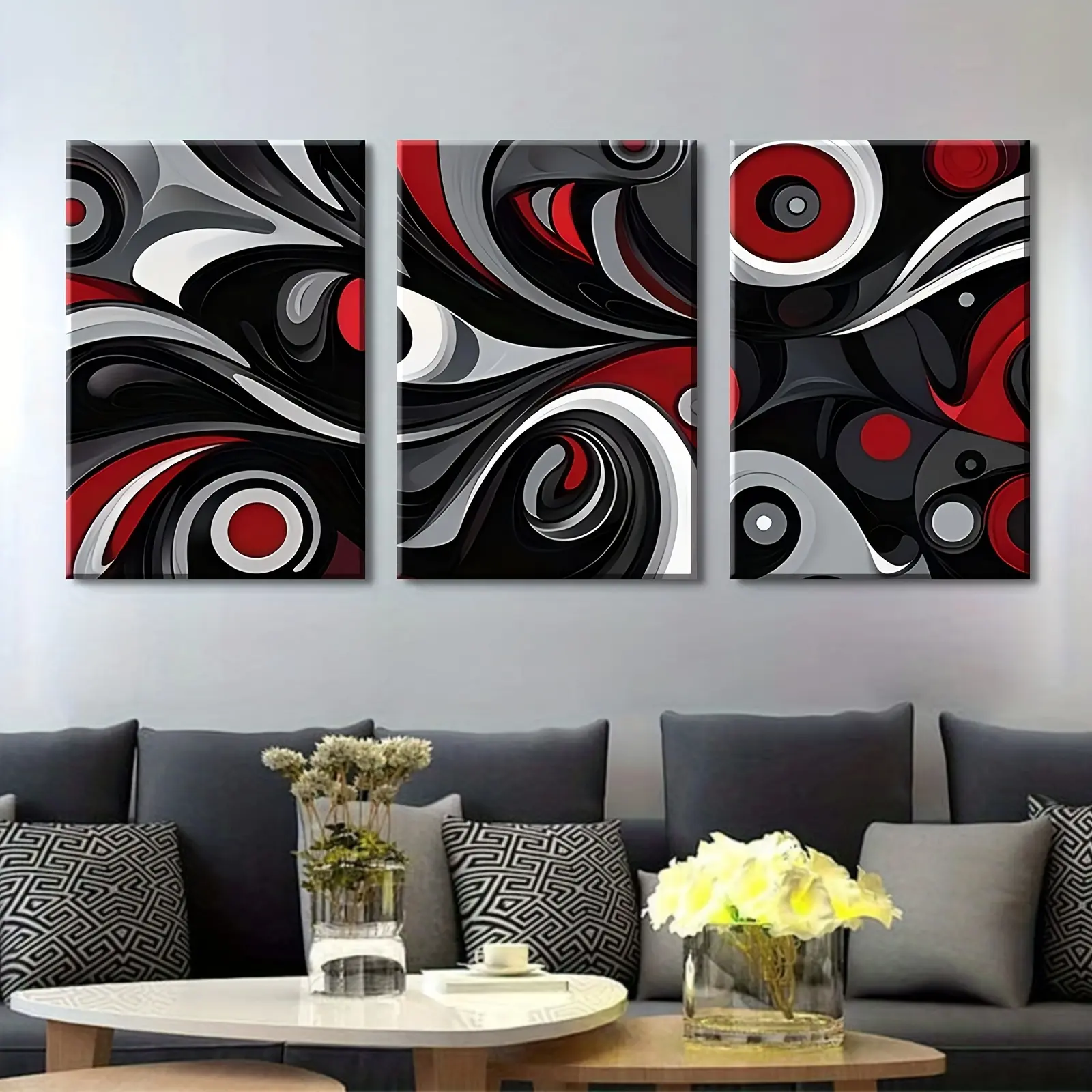 Artistic 3-Piece Modern Art Design Abstract Painting Wall Prints, 24"x36" Wooden-Framed Black-Gray-Red Swirls, Eco-Friendly UV-Resistant Easy-Hanging Home Decoration for Living Room, Ideal Gift