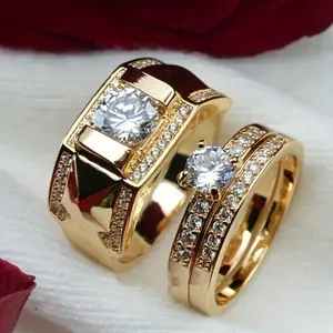 Elegant 14K Golden Plated Copper 1 Set Couple Rings with Synthetic Zirconia Engagement and Wedding Band for Men and Women - Luxury Fashion Jewelry