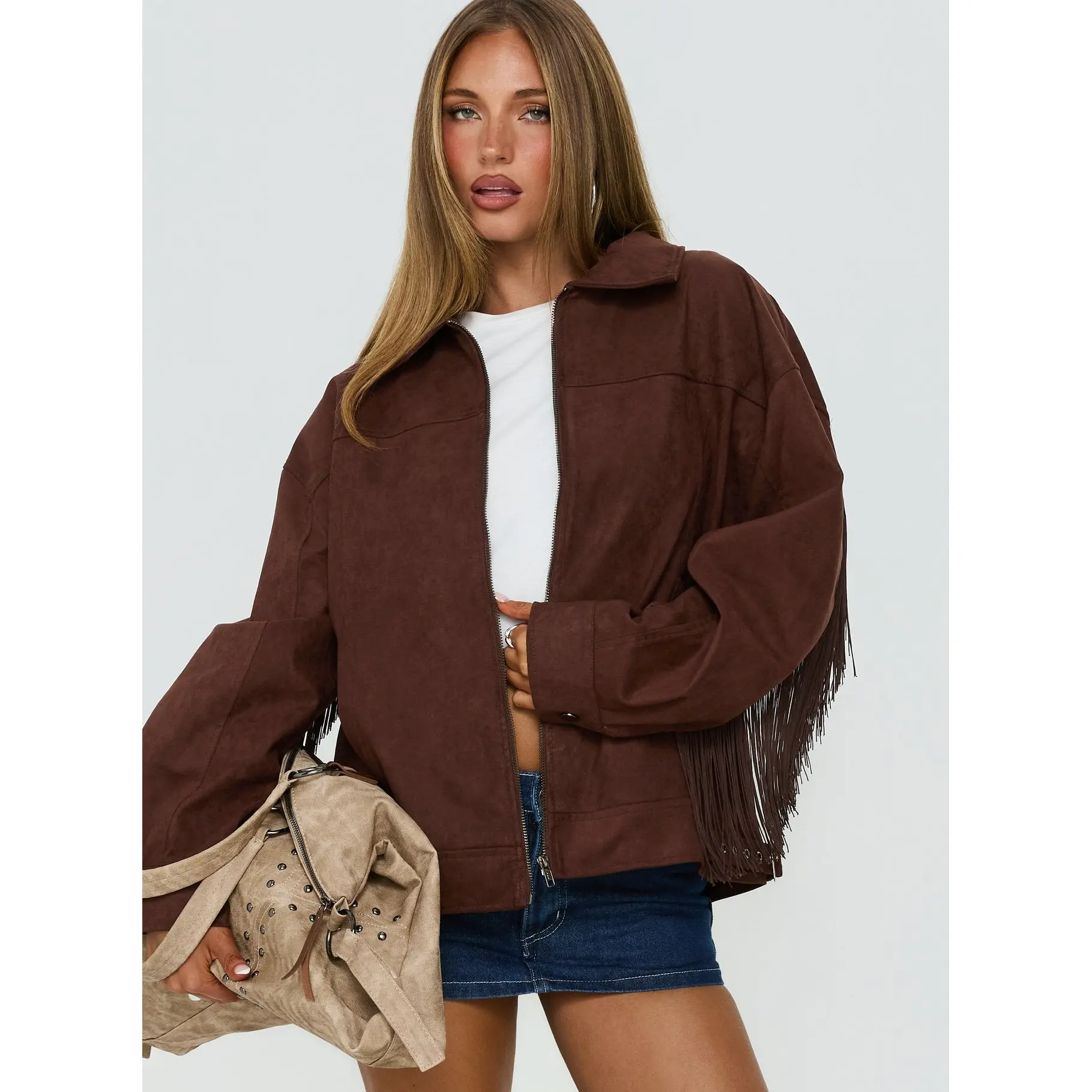 Goldsmith Faux Suede Tassel Bomber Jacket Chocolate