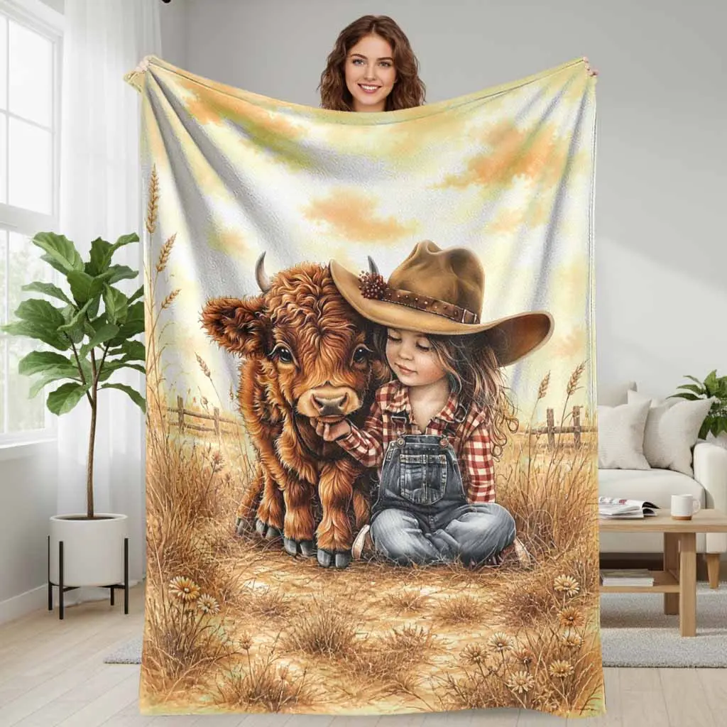 Western Cowboy Flannel Blanket  Cow and Farm Girl Art Print Design  Soft Cozy Warm Throw for Sofa Bedroom Living Room Farmhouse Decor Holiday Gift Relaxing Moments