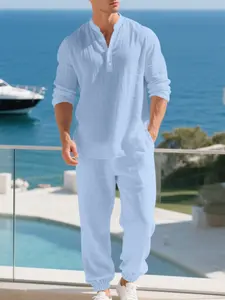 Men's Casual Long Sleeve Cuban Henley Shirt & Loose Pants Set, Beach Vacation, Comfortable Breathable Linen Fabric, Spring Summer Fashion