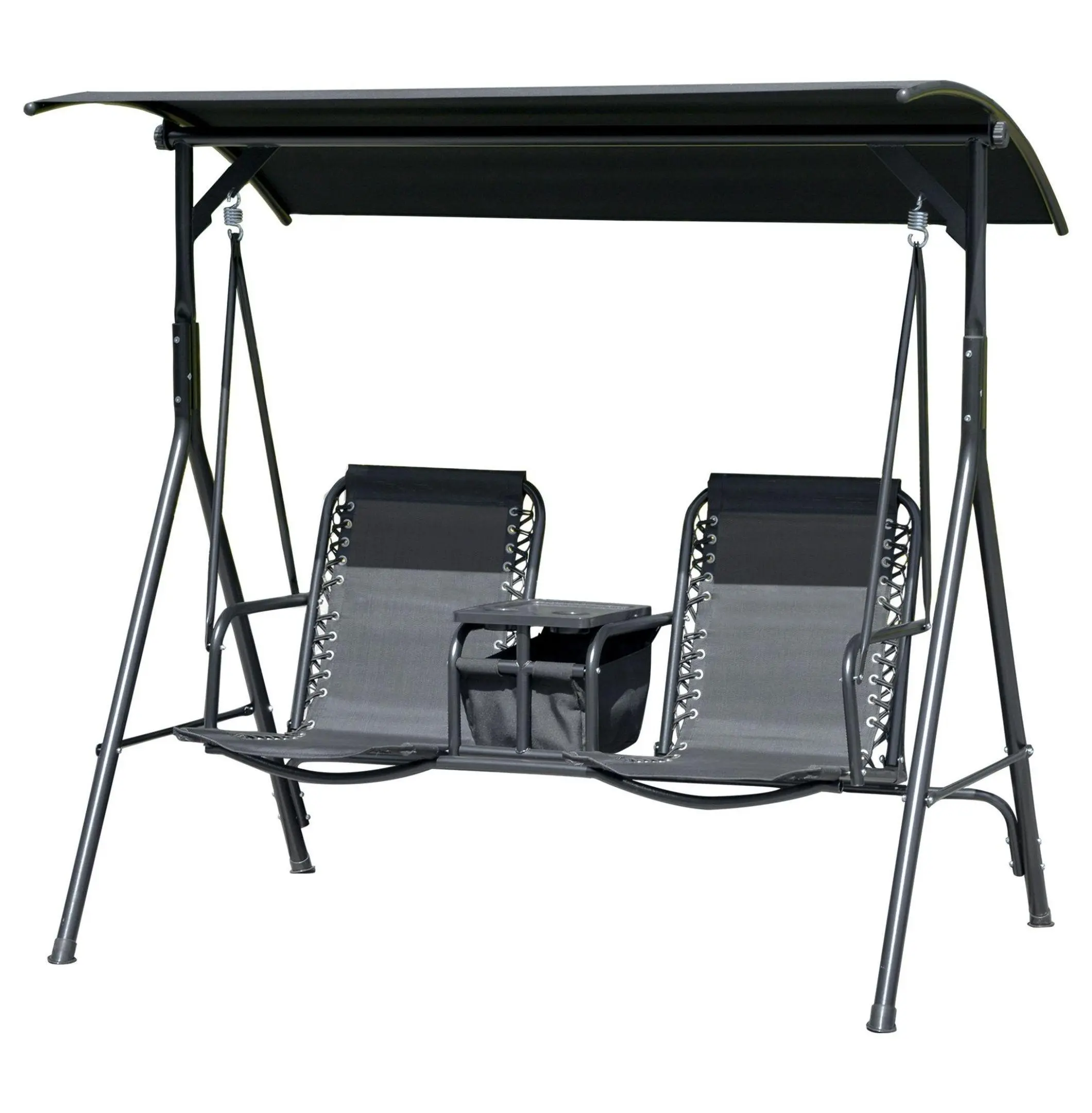 2-Seat Outdoor Swing Canopy, Patio Porch Swing with Storage Table & Cup Holders, Adjustable Shade, Steel Frame, Black Default Title