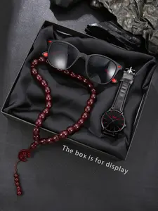 3pcs Men's Business Fashion Set, Men Accessories, Sunglasses + Watch + Rosary, Ideal for Ramadan, Father's Day Gifts, Elegant and Faithful