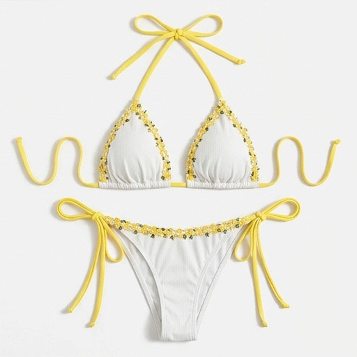 Women's fashionable bikini swimwear set, solid color special fabric floral lace two-piece swimsuit, floral pattern swimsuit. Perfect for beach vacations and pool parties.