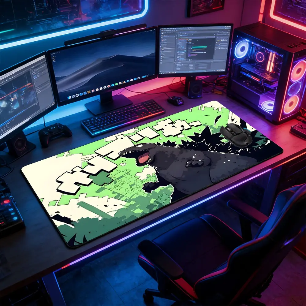Vibrant Green Kaiju Monster Anime Art Large Extended Computer Mouse Pad, Gaming Desk Mat, Non-Slip Rubber Base with Stitched Border, Dynamic Manga Action Design, Durable Accessory for PC Gaming Setup, Ideal Gift for Anime Fans & Gamers