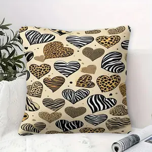 Heart Print Throw Pillow with Animal Print Designs, Featuring Zebra Stripes and Leopard Spots, 45cm Square with Inner Cushion, Soft padded cushion, Overlapping Hearts on Beige Background, for Home Decor, Accent for Sofa and Bedroom