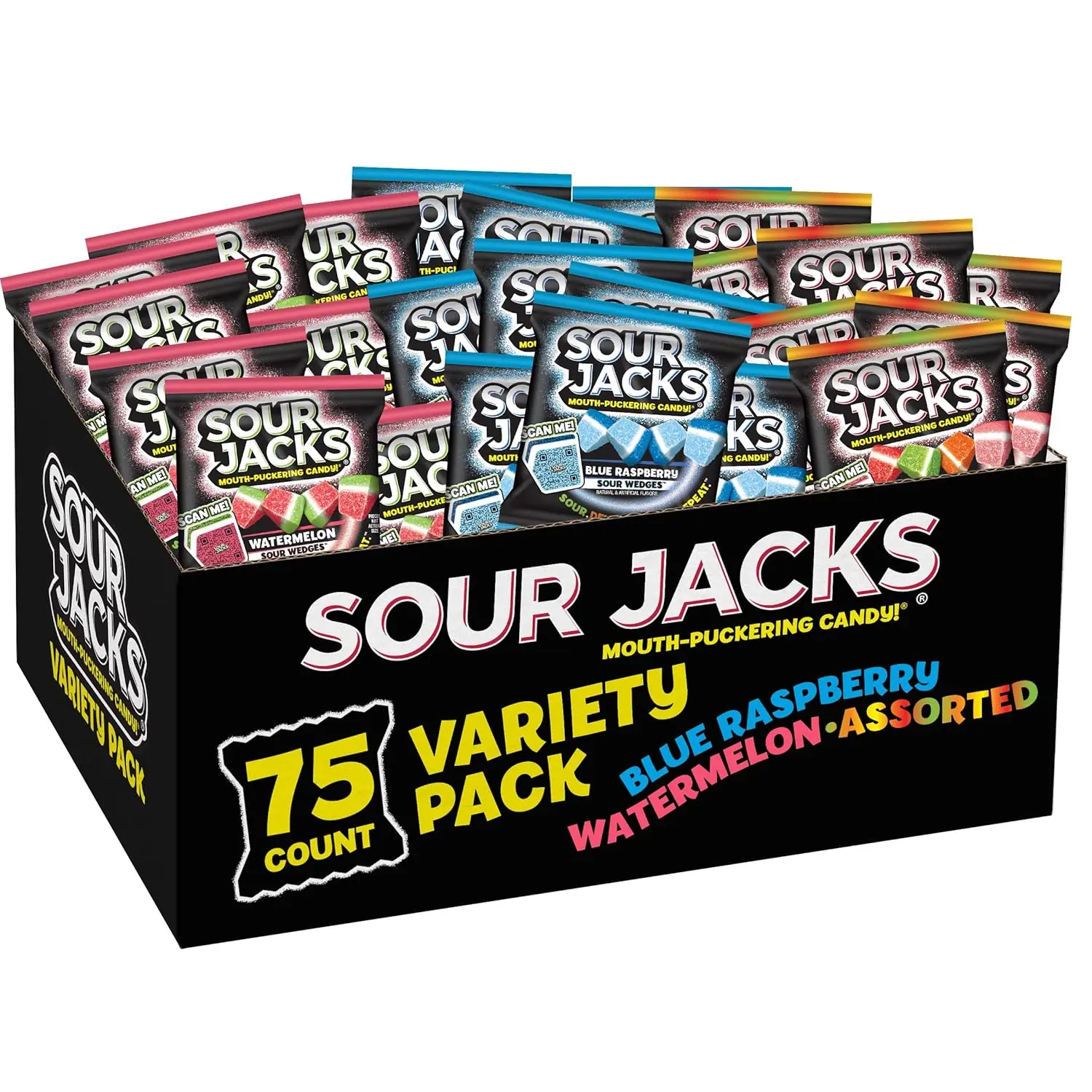 Sour Jacks Sour Gummy Wedges Variety Pack, Gluten Free, 0.5 oz, 75 Ct | Watermelon, Blue Raspberry & Assorted Fruits, signature tangy sour sugar coating, fun treat for kids, teens & adults