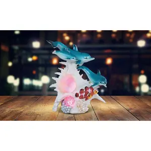 9.25"H LED Lighting Sea Conch with Dolphins and Clownfish Night Light Statue Marine Life Decoration Figurine