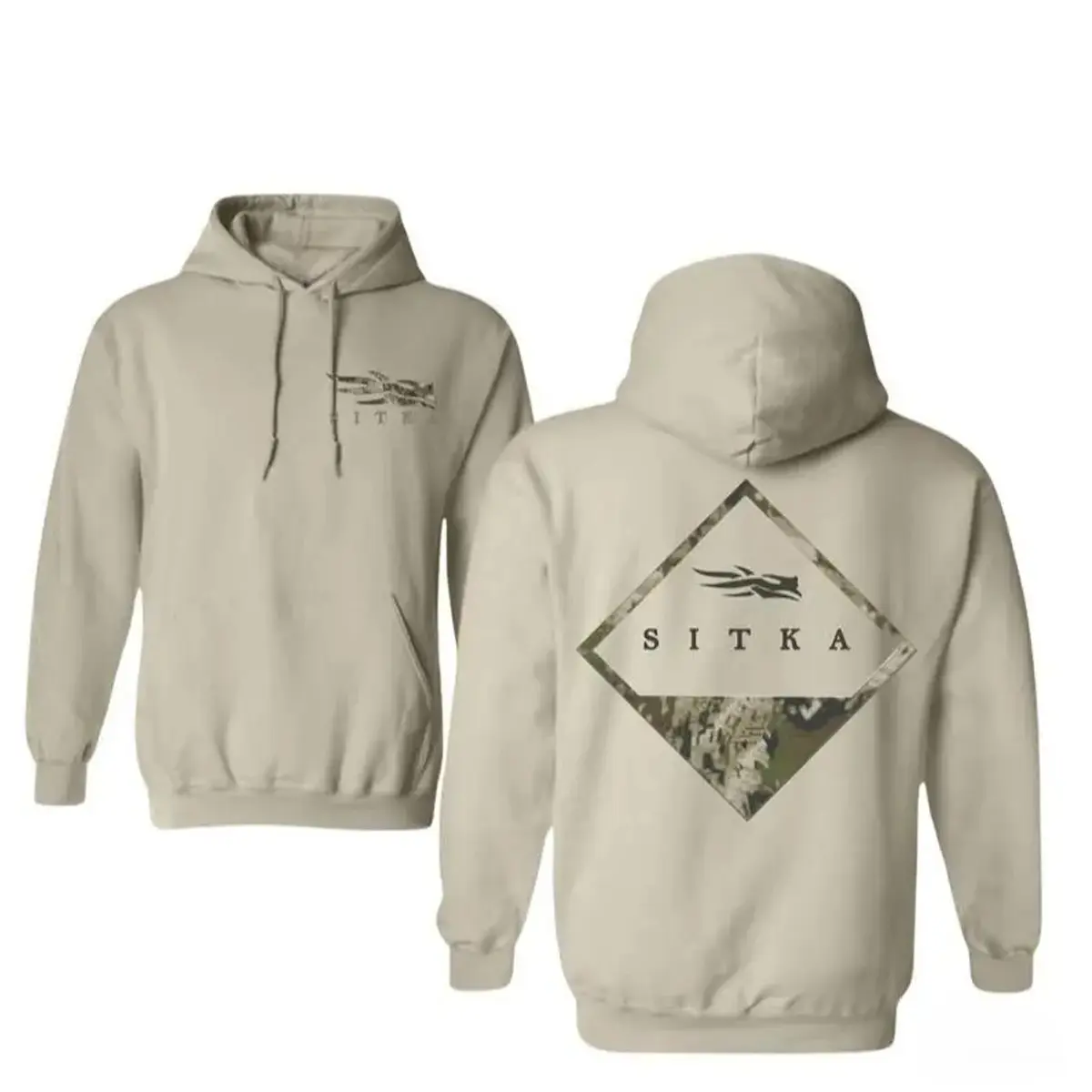 Outdoor Camo Diamond Graphic Hoodie, Sitka Hoodie, Hunting Style Wilderness Hoodie, Beige Unisex Pullover for Outdoorsmen, Nature Inspired Streetwear Hoodie