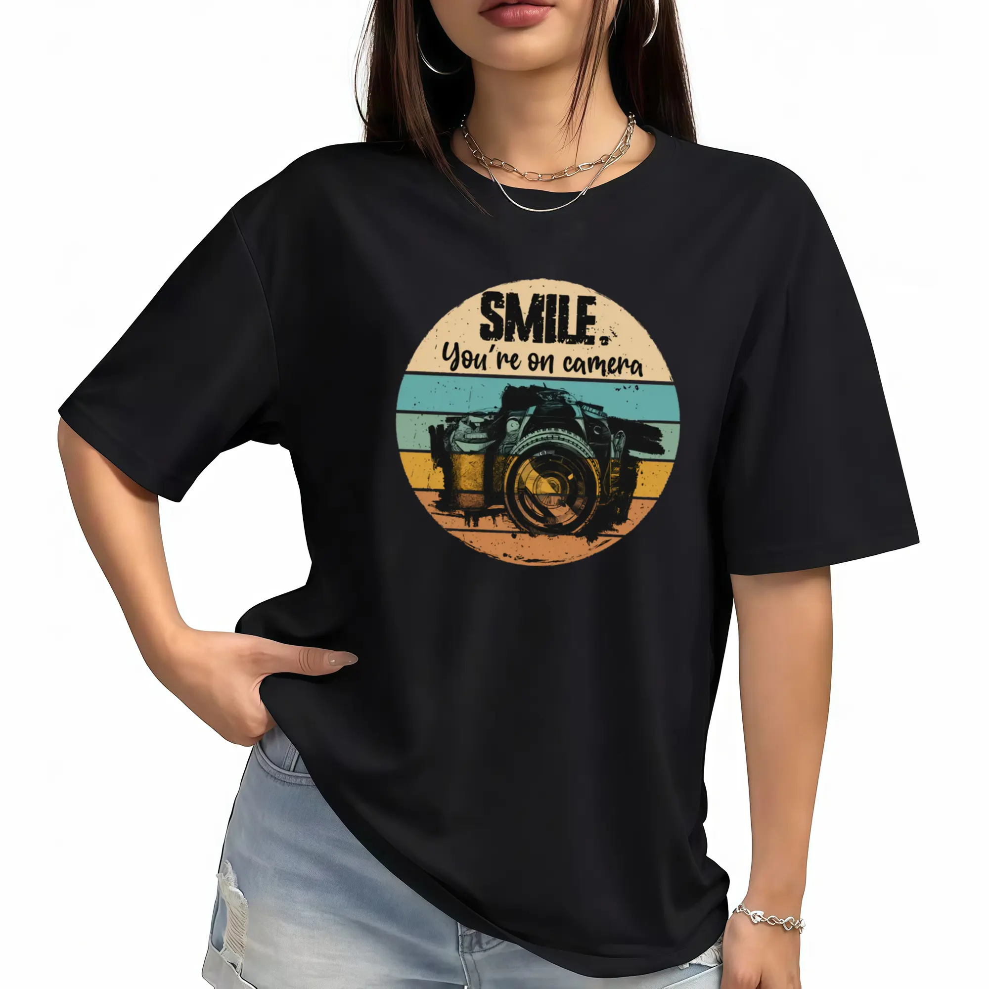 Women's Vintage Photography T-Shirt - Retro Camera Graphics Suitable for Photography Events & Daily Wear - Casual Round Neck Tee for Photographers, Birthday Gift for Photo Lovers (Machine Washable)