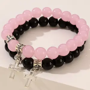 Hot 2Pcs/Set Pink Crystal Beads Bracelet Couple Lovers Natural Stone Cross Bracelets for Women Men Fashion Wedding Jewelry Gift for love