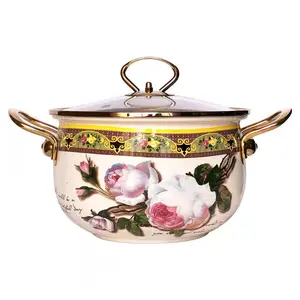 Vintage Flower Pattern Stockpot with Lid, 1 Count Exquisite Soup Pot, Stew Pot with Glass Lid, Dutch Oven Pot, Enamel Fat Pot Set for Home Kitchen